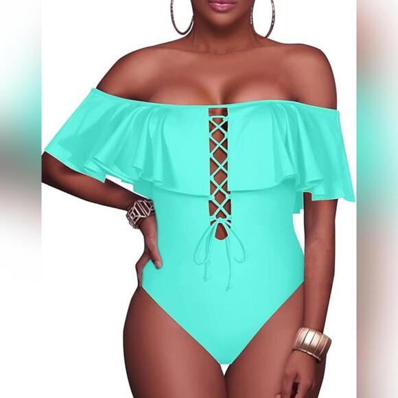 NWOT Tempt Me One Piece Ruffled Off Shoulder Swimsuit, Large (12-14) - Picture 1 of 3